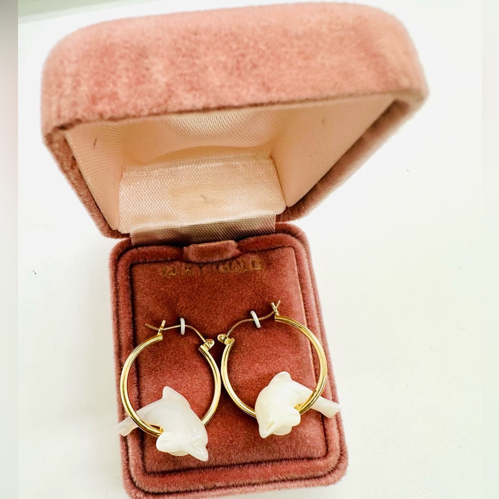 14 KT Gold Mother of Pearl Dolphin Hoop Earrings